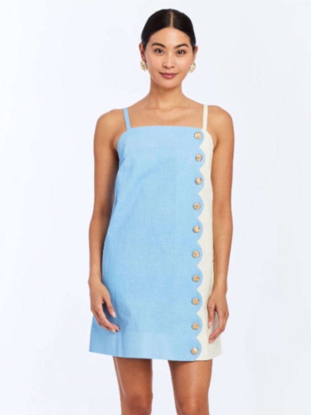 Mestiza NY | Etta Strappy Mini Dress Blue and Cream Scallop Shell-Button Cami
